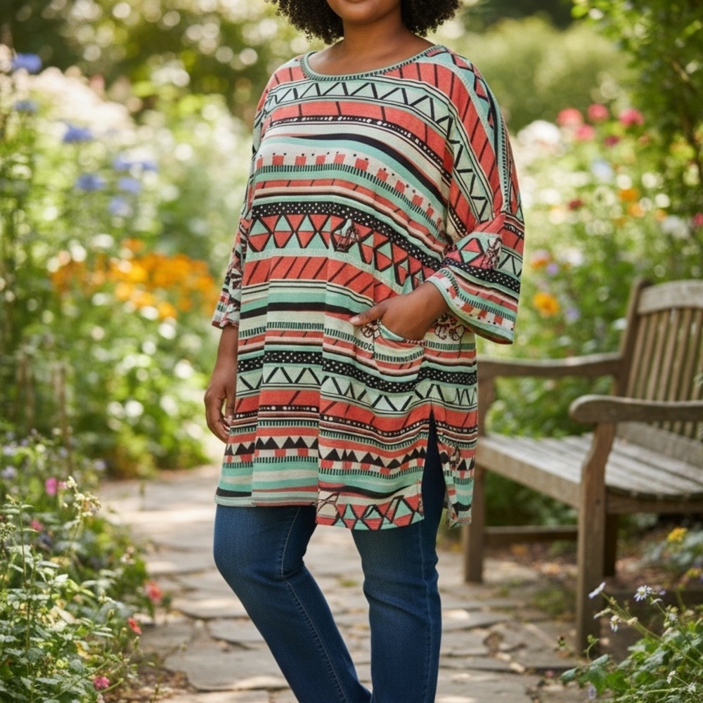 LuLaRoe Disney Geometric Print Tunic with Goofy- Coral and Mint